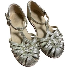 Next Direct Girls Sz 10‎ Gold Metallic Woven Fisherman Boho T-Strap Sandals